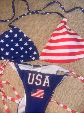 SHEIN Navy Blue USA Flag Print Bikini Bottom with Red & White Straps